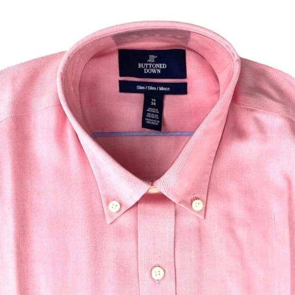 Buttoned Down Pink Long Sleeve Slim-Fit Buttons Up Size 15x34 Men's Shirt - Picture 3 of 7